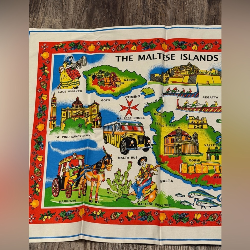 Vintage Cloth Linen Tea Towel Maltese Islands Map Souvenir - Picture 3 of 4